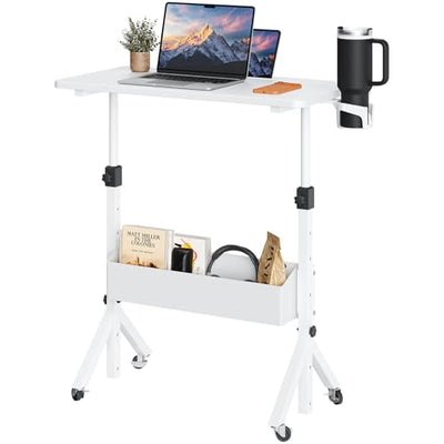 ErGear Mobile Standing Desk with Wheels, Adjustable Height 28.3″ to 46.3″, Rolling Laptop Cart with Cup Holder, Storage Basket, Computer & Pen Slot, Home Office Stand Up Desk, White (31.5″ x 15.75″)