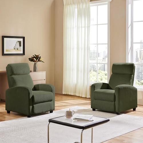 Yaheetech Corduroy Recliner Chair Set of 2, Upholstered Reclining Sofa Chair with Pocket Springs for Living Room, Home Theater Seating with Thicker Seat Cushion, Dark Green