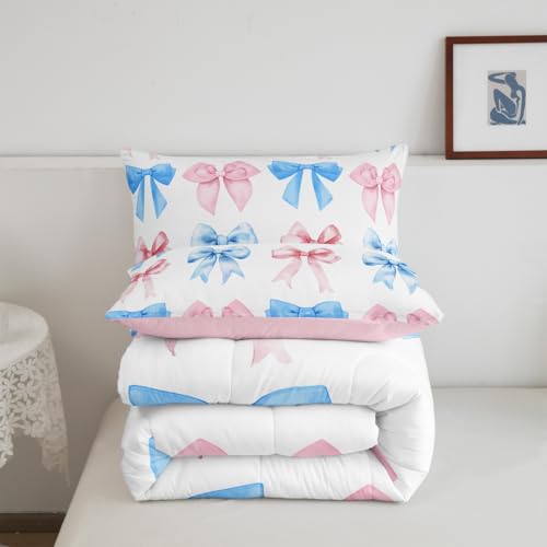 Erosebridal Rainbow Bows Comforter Set Twin,Pink Blue Kawaii Bowknot Bedding for Kids Girls,Watercolor Ribbon Bows Duvet Insert,Aesthetic Coquette Down Comforter Erosebridal