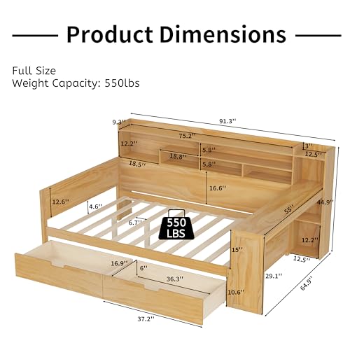 Bellemave Full Corner Bed Frame with Storage Shelves and Desk, Wood Full Size Daybed with Bookcase and Drawers, Natural Bellemave