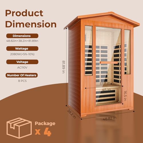 Far Infrared Sauna, 2 Person Outdoor Sauna Red Cedar Wood, 2080W Low EMF 110V with 8 Heaters, Chromotherapy Lights, Oxygen Bar, Control Panel & Beauty Light for Yard, Deck, Pool, 48.8 * 38.2 * 81.9 In LINKHOO