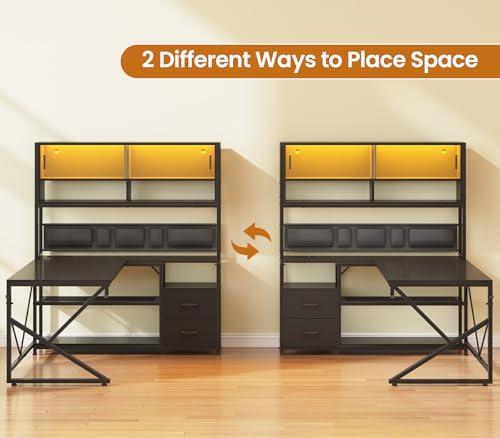 SEDETA L Shaped Gaming Desk, Home Office Computer Desk with 2 Drawer and Bookshelf, L Shaped Gaming Desk with LED Light, Glass Cabinet and Storage Bag, Corner Desk with Storage Shelves, Black SEDETA