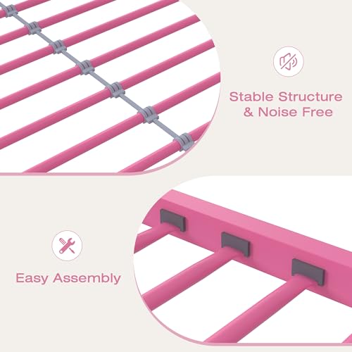 VECELO Bunk Bed Twin Over Twin, Metal Bunkbeds with Ladder and Full-Length Guardrail, No Box Spring Needed, Space Saving, Noise Free, Light Pink VECELO
