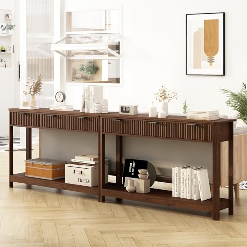 HOKYHOKY Fluted Console Table with Drawers, Modern 47.1" Entryway Table with Storage Shelf, Boho Narrow Skinny Behind Couch Wood Sofa Table for Living Room Hallway Entrance Foyer,Walnut HOKYHOKY