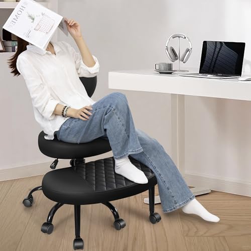 AtHope Ergonomic Cross Legged Office Chair with Wheels - Adjustable Height for Meditation, ADHD Desk & Yoga - Wide Criss Cross Design with Lumbar Support, Kneeling Chair - Black AtHope