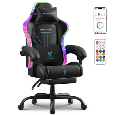 GTPLAYER Gaming Chair, Computer Chair with RGB LED Lights, High Back Ergonomic Chair for Adults with Footrest, Reclining Office Chairs, Linkage Armrest, Blue