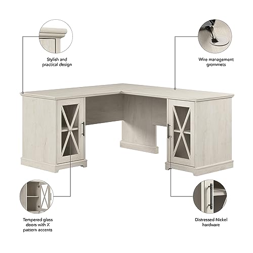 Bush Furniture Lennox Farmhouse L Shaped Desk with Storage Cabinets | Corner Computer Table for Home Office Workspace, 60W, Linen White Oak Bush Business Furniture