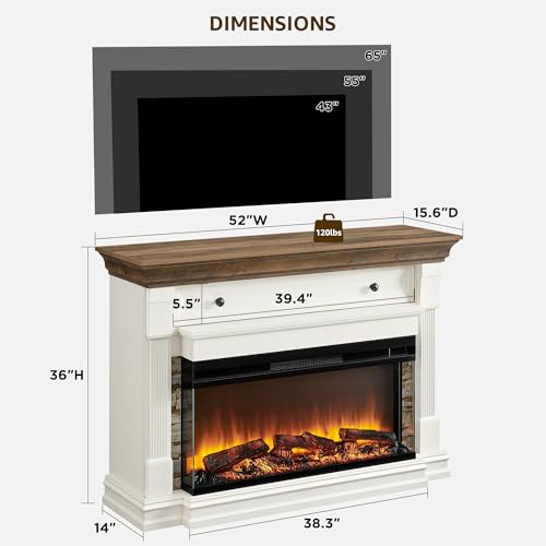 OKD 52 Inch Electric Fireplace with Mantel, Fireplace TV Stand with 36" 3-Sided Glass Electric Fireplace Heater for Living Room (Antique White) OKD