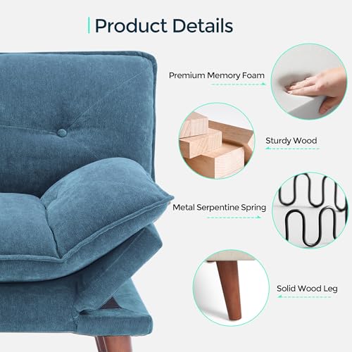 LINSY HOME Futon Sofa Bed, 70" Chenille Futon Couch with Adjustable Backrest Armrest, 3 in 1 Convertible Comfy Loveseat Sleeper Sofa Bed for Small Spaces Dorm Room Apartment Home Office, Blue LINSY HOME