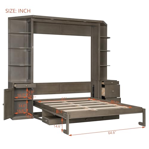 Queen Murphy Bed with Desk,Storage Shelves and LED Lights,Wood Hidden Folding Farmhouse Murphy Wall Bed with Storage Cabinets Bookcase Drawers & Shelves for Adults,Space-Saving (Queen,Natural Wood) MERITLINE