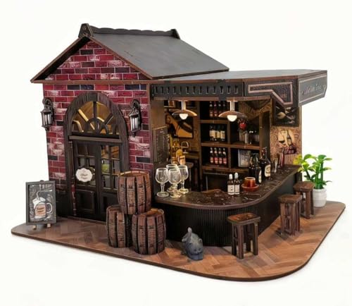 Book Nook Kit, 3D Wooden Miniature Tavern & Pub Dollhouse with LED Lights - DIY Mini House Craft Model for Adults, Birthday Valentine's Day Gift for Women Men