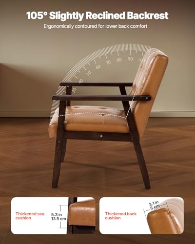 VEVOR Accent Chair, Mid Century Modern Armchair with Solid Wood Frame and Non-Slip Legs, Upholstered Leisure Chair with PU Leather and Soft Cushion, for Living Room, Bedroom, Office VEVOR