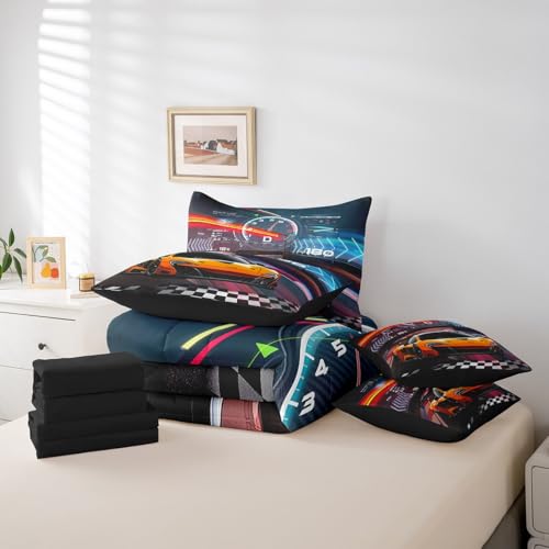 Feelyou Boys Race Car King Size 7 Piece Bedding Set Kids Racing Car Comforter Set with Sheets, Pillowcases & Cushion Cover Feelyou
