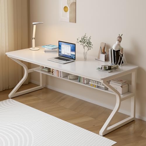 OSCHF Extra Long Desk with Bookshelf - 63" Double Long Writing Table for 2-Person Workstation, Modern Study Work Computer Desk for Home and Office, Warm White OSCHF