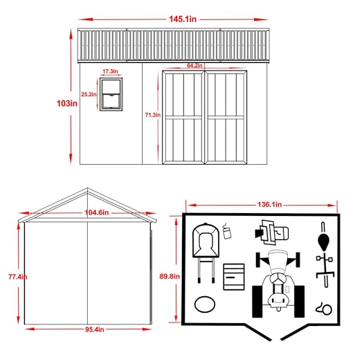 MUPATER 12 ft x 9 ft Outdoor Wood Shed with Metal Roof, Lean-to Storage shed Garden Furniture Tools with Lockable Door and Vents for Garden, Patio MUPATER