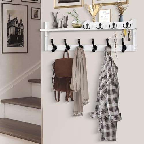 Coat Rack Wall Mount with Shelf, 27.5" Entryway Wall Hanging Shelf, Coat and Key Hanger with 10 Dual Hooks, Mail Organizer and Key Holder Hat Rack for Wall, Wood Coat Hooks with Storage GODDGITT