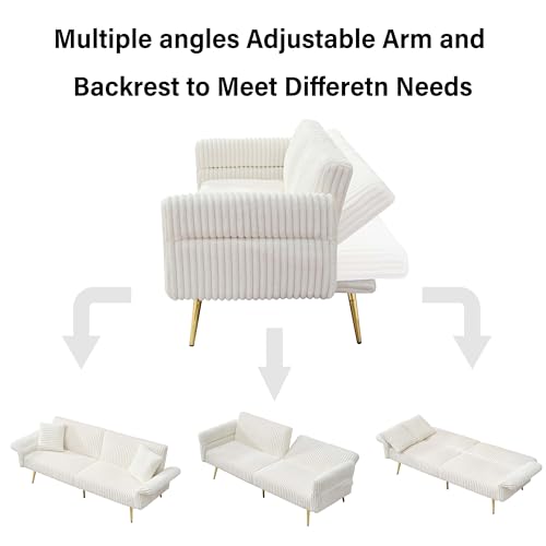 Japovker 79'' White Futon Sofa Bed, Corduroy Upholstered Folding Loveseat Couch with Adjustable Backrest and Armrests,Sleeper Sofa with Gold Metal Legs for Small Space Living Room (White) Japovker