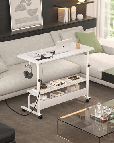 Armocity Height Adjustable Standing Desk with Power Outlets, 32" Manual Stand Up Desk with Storage Shelves Small Mobile Rolling Computer Desks Portable Laptop Table with Wheels for Home Office, White Armocity