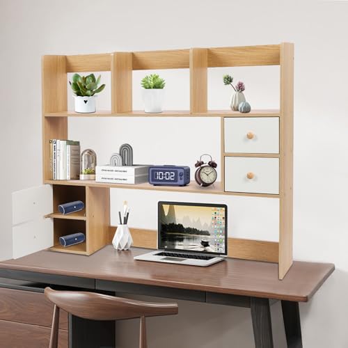 Wood Desk Hutch Organizer, Desktop Hutch with 8 Shelves & 4 Drawers, Vanity Desk with Hutch Top Only, Extendable Small Desk Shelf for Top of Desk, Desktop Bookcase Bookshelf for Home Office Generic