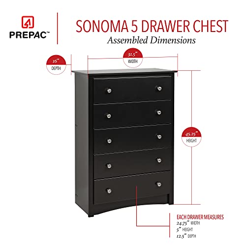 Prepac Sonoma Superior 5-Drawer Chest for Bedroom - Spacious and Stylish Chest of Drawers, Measuring 17.75"D x 31.5"W x 44.75"H, In Black Finish Prepac