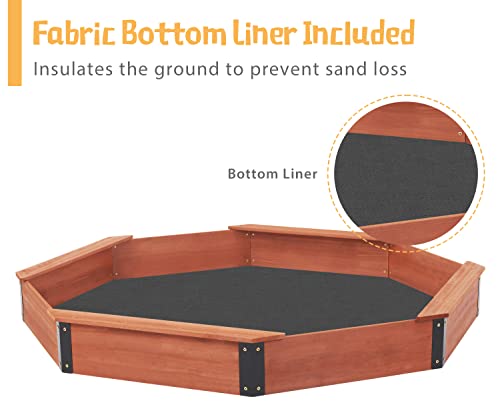 85''x78''x9'' Octagon Sandbox with Cover for Kids Outdoor Play, Wood Large Sandpit with 4 Benches, Quick Easy Install SoliWood