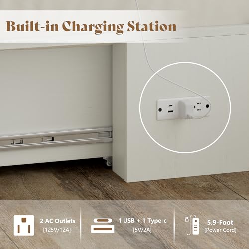 AMERLIFE Twin Size Murphy Bed, Farmhouse Wooden Cabinet with Charging Station and Storage Drawer for Bedroom/Office/Guest Room, White+Barnwood AMERLIFE