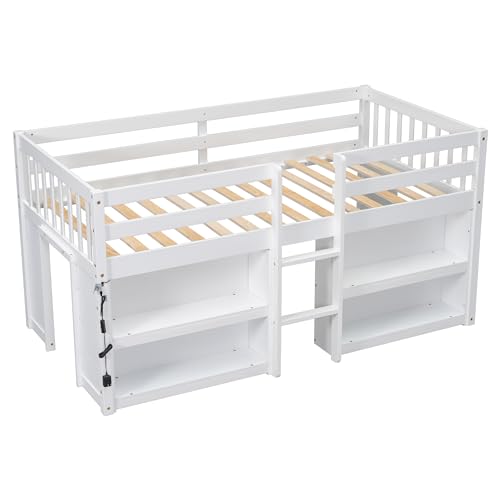 Softsea Twin Low Loft Bed with 2-Tier Shelves & LED Light in White SOFTSEA