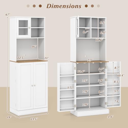 Giantex Kitchen Hutch Cabinet, 67" Tall Pantry Cabinet with Microwave Countertop, 8 Door Shelves & 5 Adjustable Shelves, Freestanding Cupboard with Glass Door for Living Room, Dining Room, White Giantex