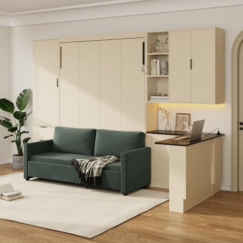 Quarte Queen Size Murphy Bed with Hydraulic Lift, Foldable Wall Bed with Sofa, Storage Shelves, USB Charging & LED Lighting, Space-Saving for Small Apartments Bedroom (Beige+Green Sofa) Quarte