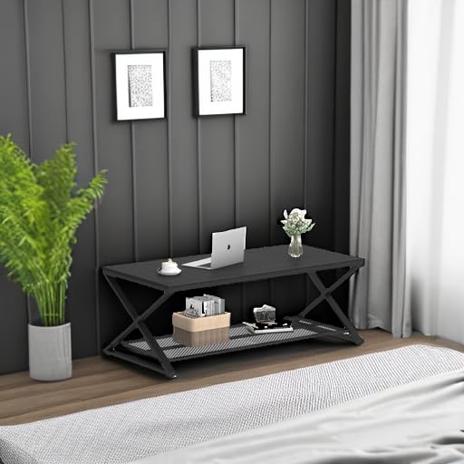 LVB Black Coffee Table, Wood Metal 2 Tier Center Tables with Storage Shelf, Modern Rectangular Concrete Tea Table for Living Room, Wooden Middle Cocktail Table for Office Bedroom, 47 inch, Black Oak LVB