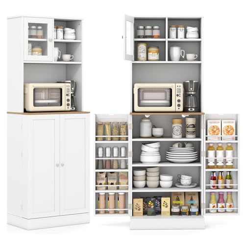 Giantex Kitchen Hutch Cabinet, 67" Tall Pantry Cabinet with Microwave Countertop, 8 Door Shelves & 5 Adjustable Shelves, Freestanding Cupboard with Glass Door for Living Room, Dining Room, White Giantex