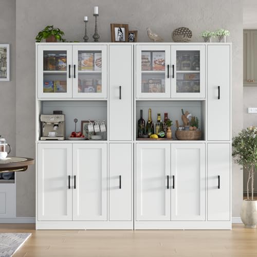Gyfimoie 68" Tall Kitchen Pantry Cabinet with Side Drawer, Kitchen Pantry Storage Cabinet with Glass Door,Freestanding Food Hutch with Microwave Stand for Dining Room (White) Gyfimoie