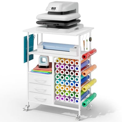 Homsorout Movable Heat Press Table - 6-Tier Heat Press Stand with Drawers and Vinyl Roll Holder, Craft Cabinet Table Compatible for Cricut Craft Cutting Machine Stand Workstation (White)