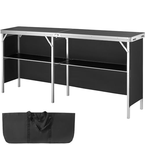 VEVOR Extra Long Folding Portable Bar Tradeshow Podium Table for Indoor, Outdoor, Party, Picnic, Exhibition, Includes Carrying Case, Storage Shelf and Black Skirt, 77.95" x 15.16" x 34.65" VEVOR