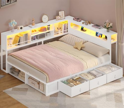 ADORNEVE Corner Bed Frame Full Size with Bookcase Storage & RGB Lights, Charging Station, Metal Daybed with 3 Drawers & 2 Open Cubbies, for Teens, Small Space, White