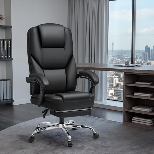 Shahoo Executive Office Chair with Massage, Ergonomic Reclining High Back Leather Seats with Footrest and Lumbar Support, Big and Tall, 400Lbs Heavy Duty, Black Shahoo