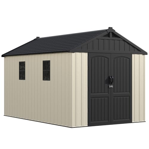 Greesum 8x12 FT Plastic Outdoor Storage Shed with Floor, Resin Sheds with Window and Lockable Door, Weather Resistant Organization for Garden, Patio, Pool Supplies, Beige Greesum