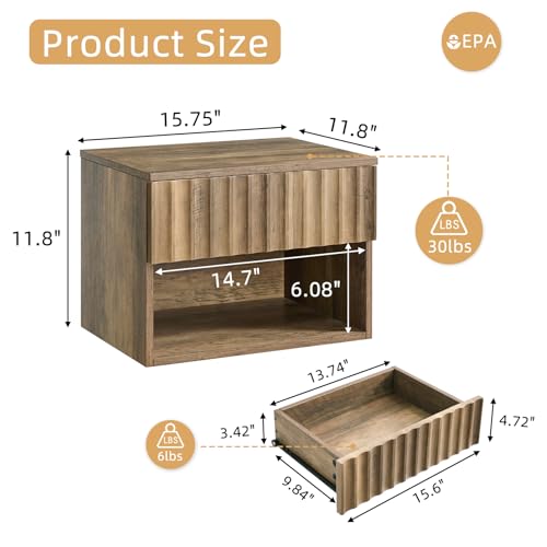 BuildHom Floating Nightstand with Fluted Drawer - Modern Wall Mounted Bedside Table with Open Storage Shelf, Small Night Stand TV Stand for Bedroom(Rustic Brown, Set of 2) BuildHom