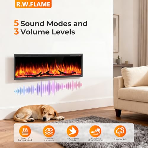 R.W.FLAME 50 Inch Smart Electric Fireplace Recessed and Wall Mounted with Adjustable Flame Colors and Speed, Alexa/WiFi Enabled, APP Control with Multiple Sound Modes, Log & Crystal Options R.W.FLAME