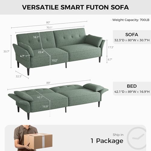 COPIAE 89” Futon Sofa Bed,Comfy Futon Couch Bed with 2 Square Pillows,Convertible Sleeper Sofa with Adjustable Backrest& Armrests, Modern Loveseat Sleeper for Living Room, Bedroom, Linen Green COPIAE