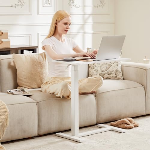 NEWBULIG Overbed Bedside Table with Wheels, Rolling Desk Adjustable Height Standing Desks with Pneumatic Control, Small Mobile Laptop Workstation, Portable Desk for Couch Tray Home Office White NEWBULIG