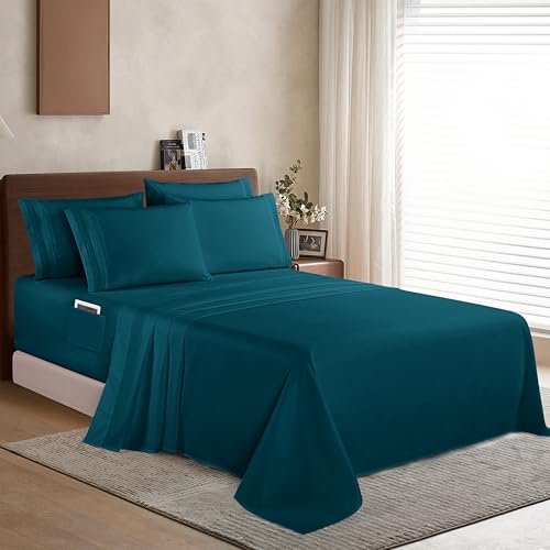 Elegant Comfort 1500 Premium Quality 4-Piece Bed Sheet Set - 18-24 Inch Extra Deep Pocket, Smart Storage Pockets, Wrinkle Free Ultra Soft 4PC Extra Deep Pocket Sheets, Twin/Twin XL, Marine Teal Elegant Comfort