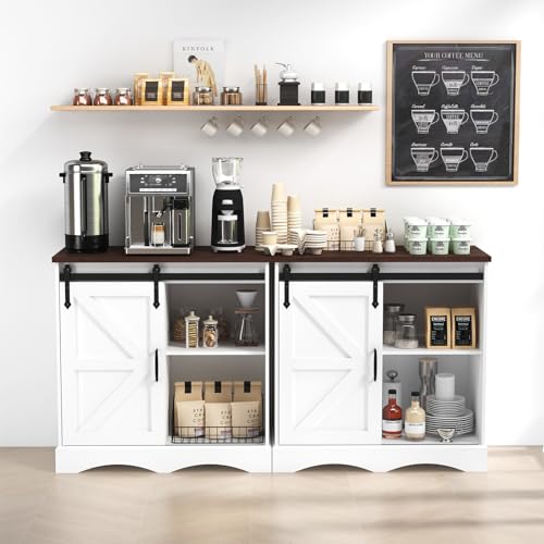 HOMFAMILIA 31.5" H Farmhouse Coffee Bar Cabinet w/Storage, White Kitchen Sideboard Buffet Cabinet with Sliding Barn Door, Rustic Accent Console with Adjustable Shelves, for Kitchen, Living Room HOMFAMILIA