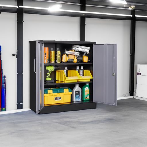 Metal Storage Cabinet with Doors and Shelves,Garage Storage Cabinet with Lock,Black Grey Metal Cabinet with Locking Doors,Steel Cabinet,Lockable Storage Cabinet for Home,Office,Garage Cabinets SISESOL