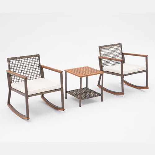 Verano Garden 3 Pieces Rocking Bistro Set, Outdoor Conversation Bistro Chairs and Table Set with Wood Armrest and Soft Cushions, Small Porch Set Balcony Set for Garden, Patio, Yard Verano Garden