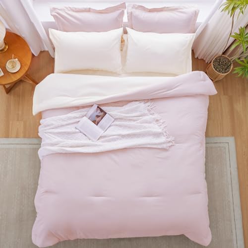 Kozyhvn Full Size Comforter Sets for Girls, Pink and White Comforter Reversible, 7 Pieces Soft Bed in a Bag Full with Comforter, Sheets, Pillowcases & Shams, All Seasons Boho Full Bed Set Kozyhvn