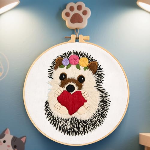 Cute Hedgehog Embroidery Kits for Beginners Adults, Animals Embroidery Starter Kits, Counted Cross Stitch Kits for Beginners DIY Craft Kits for Adults Women, Embroidery Hoops, Thread & Video Tutorial