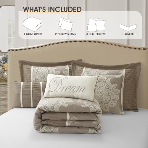 LANCO MODERN LIFESTYLE Beige King Size Comforter Set 7 Pieces, Jacquard Woven with Damask, Bedding Set in a Bag Includes Comforter, Bed Skirt, Pillow Shams, and Decorative Pillows LANCO MODERN LIFESTYLE