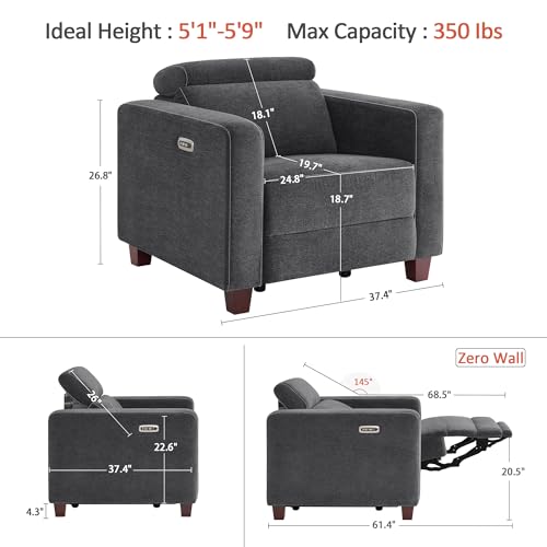 MCombo Zero Wall Recliner Chair, Wall Hugger Power Recliner Chair with Adjustable Headrest, High Wood Leg, USB & Type C Dual Charge Ports, for Living Room, Small Spaces, HL128 (Textile, Dark Grey)