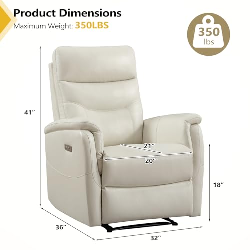 CANMOV Power Recliner Chair for Adults, Genuine Leather Reclining Chair with Overstuffed Arm and Back, Electric Single Reclining Sofa with USB Charging Ports for Living Room Nursery, Bedroom(White)